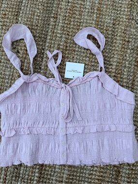 American Eagle Outfitters Pale Purple  Smocked Ruffle Button-Front Crop Camisole